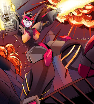 Rule 34 | 1girl, decepticon, explosion, flame print, flamewar, fruitycrow, helmet, highres, humanoid robot, joints, metal skin, robot, robot girl, robot joints, the transformers (idw), transformers, wheel, yellow eyes