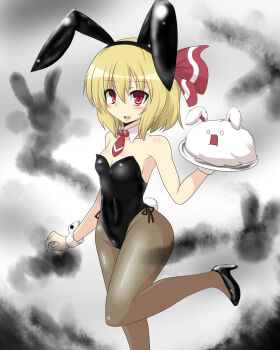 Rule 34 | 1girl, animal ears, blonde hair, breasts, comic, commentary request, covered navel, detached collar, fang, female focus, goma (gomasamune), hair ornament, high heels, highres, kedama (touhou), looking at viewer, necktie, open mouth, pantyhose, playboy bunny, rabbit ears, rabbit tail, red eyes, rumia, short hair, small breasts, smile, solo, tail, touhou, tray, wrist cuffs