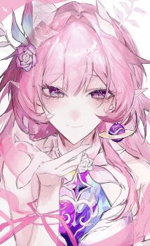 00000otakun 1girl bare_shoulders breasts cyrene_(honkai:_star_rail) cyrene_(ripples_of_past_reverie)_(honkai:_star_rail) detached_sleeves dress earrings highres honkai:_star_rail honkai_(series) jewelry large_breasts long_hair looking_at_viewer pink_hair purple_hair single_earring smile solo white_dress