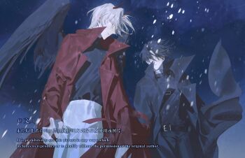 2boys black_coat black_eyes black_hair black_shirt black_wings cheon_inho coat crew_neck curtained_hair demon_horns expressionless feathered_wings from_below hair_flowing_over highres horns looking_at_another male_focus motion_blur multiple_boys nicayuko night omniscient_reader&#039;s_viewpoint open_clothes open_coat outdoors popped_collar red_coat red_eyes shirt short_hair snow snowing white_hair wind wind_lift wings yoo_joonghyuk