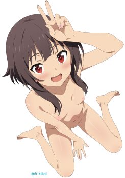 1girl :d absurdres anime_coloring arm_up artist_name barefoot between_legs black_hair blush breasts bright_pupils collarbone completely_nude foreshortening frixtied from_above full_body hair_over_shoulder hand_between_legs hand_up highres kono_subarashii_sekai_ni_shukufuku_wo! loli looking_at_viewer looking_up megumin navel nipples nude open_mouth pink_nails red_eyes shiny_skin short_hair short_hair_with_long_locks sidelocks simple_background sitting small_breasts smile solo toes twitter_username v v_over_head wariza white_background