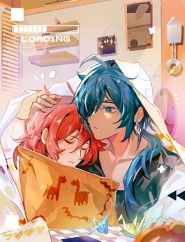 2boys black_shirt blue_eyes blue_hair chinese_commentary closed_eyes closed_mouth commentary_request dark-skinned_male dark_skin diluc_(genshin_impact) eyepatch genshin_impact guanyuyu815 hair_between_eyes hand_on_another&#039;s_head highres indoors kaeya_(genshin_impact) long_hair male_focus multiple_boys origami paper_crane parted_lips red_hair shared_blanket shirt sleeping u_u