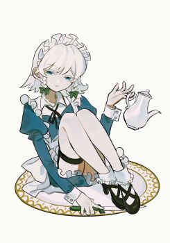 1girl absurdres apron black_shoes blue_eyes blue_shirt bow braid dee_(tannsumi) dress frilled_apron frilled_dress frilled_headwear frills frown grey_hair hair_bow high_heels highres holding holding_knife holding_teapot holding_weapon izayoi_sakuya knife long_sleeves maid maid_apron maid_headdress plate red_bow ribbon shirt shoes short_hair side_braid simple_background sitting solo strap teapot thigh_strap thighs touhou twin_braids weapon white_background white_hair