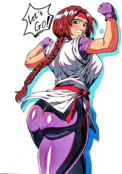 1girl ass braid braided_ponytail breasts brown_eyes brown_hair dougi from_behind fte18 hairband huge_ass huge_breasts karate_gi large_breasts leggings long_hair looking_at_viewer pale_skin pants ponytail skirt smile smiley_face spandex the_king_of_fighters yoga_pants yuri_sakazaki