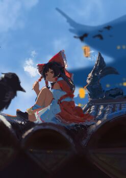 1girl absurdres bird black_bird black_shoes blue_sky blurry bow brown_hair closed_mouth cloud crow dango day detached_sleeves eating food frilled_bow frilled_hair_tubes frills full_body hair_bow hair_tubes hakurei_reimu highres holding holding_food knee_up koukouya long_hair looking_at_viewer on_roof outdoors red_bow red_shirt red_skirt ribbon-trimmed_sleeves ribbon_trim shirt shoes sitting skewer skirt skirt_set sky socks solo touhou wagashi white_socks