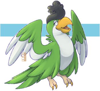beak bird black_hair dualcosmog feathered_wings full_body highres nintendo no_humans open_mouth outline pokemon pokemon_(creature) solo squawkabilly squawkabilly_(green) white_outline wings