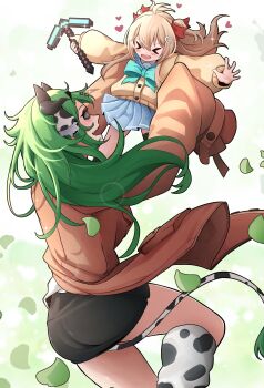 >_< 2girls absurdres ahoge animal_ears aqua_bow aqua_bowtie asymmetrical_legwear black_skirt black_socks black_thighhighs blue_eyes blue_sailor_collar bow bowtie brown_hair brown_jacket cardigan carrying carrying_person commentary cow_ears cow_girl cow_horns cow_tail crelly english_commentary from_side green_eyes green_hair hair_between_eyes hair_ornament hair_ribbon heart heart_hair_ornament highres holding holding_pickaxe horns indie_virtual_youtuber jacket long_hair long_sleeves minecraft miniskirt multiple_girls neuro-sama open_mouth petals pickaxe pigagooo pleated_skirt red_eyes red_ribbon ribbon sailor_collar simple_background single_sock single_thighhigh skirt socks tail thighhighs two_side_up uneven_legwear vedal_ai virtual_youtuber white_background yellow_cardigan