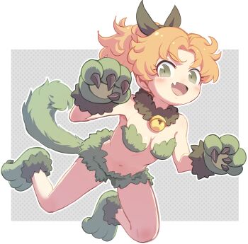 1girl absurdres animal_hands bare_legs bare_shoulders bell black_bow blonde_hair bow breasts cleavage commentary_request dragon_quest dragon_quest_ii fake_tail fang full_body fur_collar gloves green_eyes green_gloves green_shoes hair_bow halloween halloween_costume highres jingle_bell medium_hair navel neck_bell paw_gloves paw_shoes ponytail princess_of_samantoria ranka_(tonbo) revealing_clothes shoes small_breasts solo stomach tail