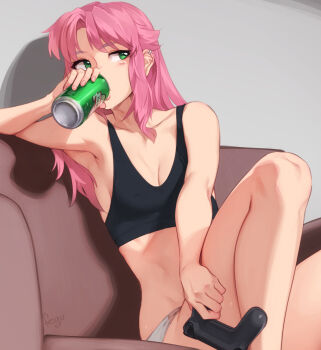 1girl aspen_(feguimel) bare_arms black_sports_bra breasts can cleavage coach collarbone controller drinking feguimel game_controller gamepad green_eyes highres holding holding_can holding_controller holding_game_controller long_hair original panties pink_hair sitting solo sports_bra underwear white_panties