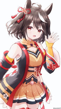 1girl ahoge amemiko_rain animal_ears arms_up bare_shoulders black_hair black_sleeves blush breasts chanchanko_(clothes) cleavage cleavage_cutout clothing_cutout detached_sleeves diamond_(shape) floral_print floral_print_sleeves hair_ornament hair_ribbon highres horse_ears horse_girl horse_tail kitasan_black_(crowning_ooban)_(umamusume) kitasan_black_(umamusume) looking_at_viewer medium_breasts miniskirt open_mouth orange_shirt orange_skirt red_eyes red_ribbon ribbon shirt short_hair simple_background skirt sleeveless smile solo tail thighs two_side_up umamusume waving white_background white_streaks yellow_arm_warmers