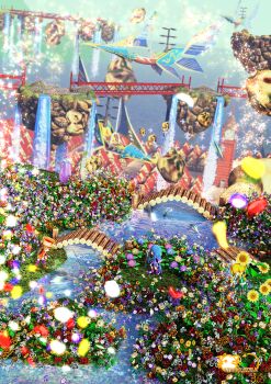 3d 3girls atell_(tekouhen) bird blonde_hair blue_hair blue_sky blurry bridge brown_eyes brown_hair clock clock_tower cloud cloudy_sky commentary_request day depth_of_field dress fantasy feathers fish fishing fishing_line fishing_rod floating_island flower highres holding holding_fishing_rod horizon island long_hair long_sleeves multiple_girls nature ocean open_mouth orange_flower original outdoors purple_flower red_flower seagull sky standing stream sunflower too_many_flowers tower very_long_hair water waterfall white_flower wooden_bridge yellow_eyes yellow_flower