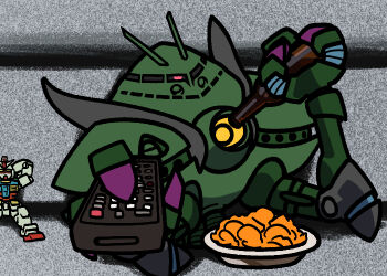 beer_bottle big_zam bottle chips_(food) commentary controller couch food gundam holding holding_bottle holding_remote_control jazz_jack man_watching_tv_(meme) mecha mecha_focus meme mobile_armor mobile_suit mobile_suit_gundam no_humans on_couch one-eyed outstretched_arm photo-referenced plate potato_chips red_eyes remote_control robot rx-78-2_gundam sitting