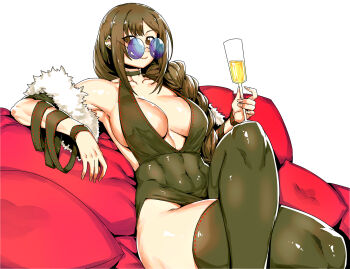 Rule 34 | 1girl, abs, alcohol, bare shoulders, black dress, black thighhighs, braid, braided ponytail, breasts, brown eyes, brown hair, champagne, champagne flute, choker, covered navel, crossed legs, cup, dress, drinking glass, earrings, fate/grand order, fate (series), fur shawl, highres, jewelry, large breasts, long hair, looking at viewer, minew, navel, round eyewear, shawl, single braid, sitting, smile, solo, sunglasses, thighhighs, thighs, very long hair, yu mei-ren (fate)
