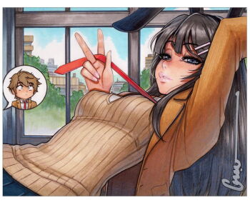 1girl adjusting_clothes adjusting_eyewear adjusting_necktie arm_above_head artist_name azusagawa_sakuta black_hair blazer blue_eyes blue_skirt blue_sky blush breasts brown_cardigan brown_hair brown_jacket building cardigan chibi chibi_inset hair_ornament hairclip indoors jacket long_hair long_sleeves looking_at_viewer medium_breasts minegahara_high_school_uniform necktie omar_dogan pleated_skirt rabbit_hair_ornament reaction_inset red_necktie ribbed_sweater sakurajima_mai school_uniform seishun_buta_yarou shirt short_hair skirt sky smile speech_bubble sweater third-party_source tree v v-neck very_long_hair white_shirt window