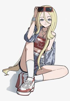 1girl alternate_costume blonde_hair closed_mouth commentary crop_top eyewear_on_head grey_eyes grey_jacket grey_shorts hair_between_eyes hair_down highres jacket jewelry korrina_(pokemon) light_smile long_bangs long_hair looking_at_viewer midriff necklace nintendo open_clothes open_jacket oromnt pokemon pokemon_xy shoes shorts single_off_shoulder sitting sneakers socks solo sunglasses symbol-only_commentary very_long_hair white_background white_socks