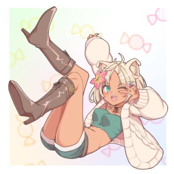 1girl animal_ear_fluff animal_ears arm_up artist_request black_choker black_ribbon blonde_hair blue_shorts boots border breasts brown_boots cardigan choker commentary_request cropped_shirt dark-skinned_female dark_skin dog_ears dog_girl flower full_body green_eyes green_shirt hair_flower hair_ornament hairclip hand_up high_heel_boots high_heels highres indie_virtual_youtuber knee_boots legs legs_up long_sleeves looking_at_viewer medium_breasts mona_meria one_eye_closed open_cardigan open_clothes open_mouth outside_border parallel_hairclips parted_bangs pointy_breasts ribbon ribbon_choker second-party_source shirt short_hair short_shorts shorts smile solo virtual_youtuber w w_over_eye white_border yellow_cardigan