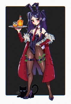 1girl animal_ears armlet banknote belt black_background black_cat black_hair black_leotard black_pantyhose black_shoes border bottle breasts cat coat commentary crystalsugarstars detached_collar english_commentary fake_animal_ears full_body fur-trimmed_coat fur_trim glass hand_on_own_hip high_heels highleg highleg_leotard highres holding holding_tray jewelry jill_stingray leotard long_hair looking_at_viewer money mouth_hold necktie outside_border pantyhose playboy_bunny rabbit_ears red_coat red_eyes red_necktie shoes simple_background solo standing strapless strapless_leotard thigh_belt thigh_strap tray twintails va-11_hall-a white_border
