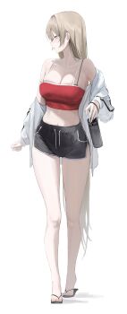 1girl absurdres black_shorts blonde_hair bottle breasts cleavage collarbone crop_top full_body highres jacket laneigu long_hair looking_to_the_side midriff mole mole_under_eye navel off_shoulder original red_shirt sandals shirt short_shorts shorts simple_background sleeveless sleeveless_shirt solo spaghetti_strap water_bottle white_background white_jacket yellow_eyes yuzu_(laneigu)