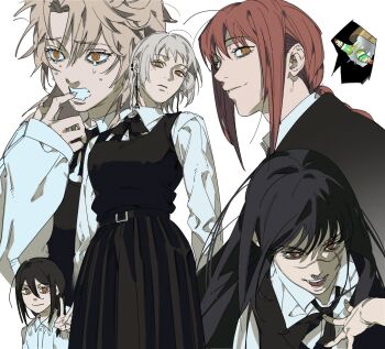 5girls biting_own_finger black_coat black_dress black_hair brown_hair chainsaw_man coat dong2taku dress facial_scar fami_(chainsaw_man) famine_devil_(chainsaw_man) fourth_east_high_school_uniform grey_hair highres long_hair makima_(chainsaw_man) medium_hair multiple_girls nayuta_(chainsaw_man) orange_eyes pinafore_dress red_hair ringed_eyes scar scar_on_cheek scar_on_face scar_on_nose school_uniform shirt sidelocks sleeveless sleeveless_dress speech_bubble v white_shirt yoru_(chainsaw_man)