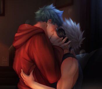 Rule 34 | 2boys, bakugou katsuki, black shirt, blindfold, blonde hair, blush, boku no hero academia, closed eyes, commentary, couch, curtains, english commentary, green hair, hand on another's face, head back, highres, hood, hoodie, indoors, kiss, male focus, midoriya izuku, multiple boys, oshidraws, picture frame, red hoodie, shirt, short hair, sitting, spiked hair, tank top, upper body, yaoi