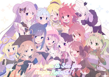 6+girls :d ;d akino_kaede black_bow black_gloves blonde_hair blue_eyes blue_flower blue_hair blue_rose blunt_bangs bow braid brown_eyes brown_gloves brown_hair cloak closed_mouth commentary_request copyright_name crown flower futaba_sana gloves goggles goggles_on_headwear green_eyes green_hair grey_eyes grey_hair group_picture hair_between_eyes hair_bow hair_flower hair_ornament hair_ribbon hair_rings hand_on_own_chin hand_up hat high_ponytail hiiragi_nemu hood hood_up hooded_cloak izumi_kanagi long_hair long_sleeves looking_at_another looking_at_viewer magia_record:_mahou_shoujo_madoka_magica_gaiden magical_girl mahou_shoujo_madoka_magica minami_rena mitsuki_felicia mortarboard multiple_girls nanami_yachiyo one_eye_closed open_mouth pink_eyes pink_hair ponytail purple_eyes purple_hood purple_scarf red_eyes red_hair ribbon rose satomi_touka scarf serizawa_serizane short_hair siblings side_braid sidelocks sisters small_kyubey smile tamaki_iroha tamaki_ui thank_you togame_momoko twin_braids twintails two_side_up wavy_hair white_gloves white_hair white_hood yakumo_mitama yui_tsuruno