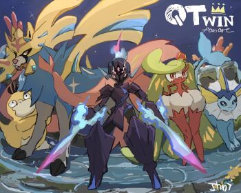 Rule 34 | 1other, 2girls, arm blade, bird, blue fire, blue fur, ceruledge, commentary request, crown, dog, duck, english text, esports, feathers, fire, gen 1 pokemon, gen 7 pokemon, gen 8 pokemon, legendary pokemon, multiple girls, n5947136332810, night, nintendo, other focus, plant monster, pokemon, pokemon unite, psyduck, star (sky), tsareena, vaporeon, water, weapon, yellow feathers, zacian, zacian (hero)