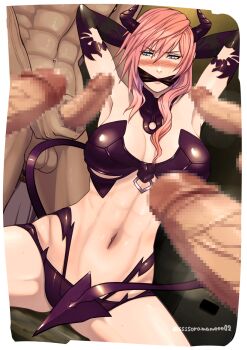 1girl abs bad_id bad_pixiv_id bad_tag blush breasts censored cleavage demon_horns demon_tail dirty disgrace disgust erection fake_horns fake_tail final_fantasy final_fantasy_xiii gagged gangbang group_sex highres horns incest large_breasts lightning_farron lightning_returns:_final_fantasy_xiii mosaic_censoring multiple_boys navel netorare netorase official_alternate_costume penis pink_hair pocopoco33 spread_legs stomach tail toned trash