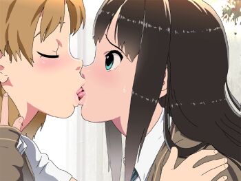 2girls animated animated_gif blonde_hair blue_eyes blush brown_hair drooling closed_eyes french_kiss from_side kabe_ni_hamatte_ugokenai!_3 kiss lips looking_at_another looping_animation multiple_girls nighthawk_(circle) profile saliva school_uniform stuck through_wall tongue yuri