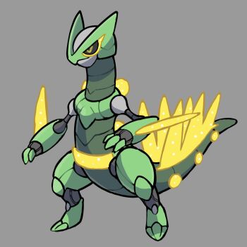 black_sclera closed_mouth colored_sclera commentary english_commentary fakemon full_body gen_3_pokemon grey_background highres nintendo no_humans original pixel_eyes pokemon pokemon_(creature) pokemon_focus rgreywind robot sceptile simple_background solo standing yellow_eyes