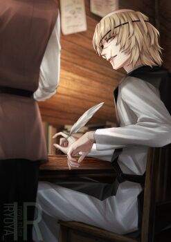 Rule 34 | 2boys, artist logo, badeni, belt, black belt, black pants, black tabard, blonde hair, chair, chi.: chikyuu no undou ni tsuite, eyepatch, highres, indoors, iorbtyn, jacket, logo, looking at another, male focus, medium hair, multiple boys, oczy, on chair, pants, quill, red jacket, scar, scar on face, scar on lip, scar on mouth, scar on nose, shirt, sitting, sleeves rolled up, solo focus, standing, tabard, table, tonsure, white shirt