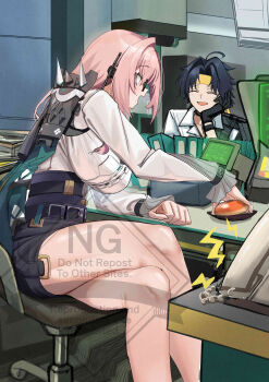 1boy 1girl absurdres armor asaba_harumasa bare_legs black_gloves black_hair black_skirt book breasts chair choker closed_eyes corded_phone crossed_legs desk dondobi dress_shirt food food_on_face from_side glasses gloves hair_between_eyes hand_on_own_face headband headset high-waist_skirt highres indoors large_breasts lightning_bolt_symbol long_hair looking_at_another monitor on_chair open_mouth parted_bangs pencil_skirt phone pile_of_books pink_eyes pink_hair shirt short_hair shoulder_armor sitting skirt steamed_bun tsukishiro_yanagi watermark white_shirt yellow_headband zenless_zone_zero