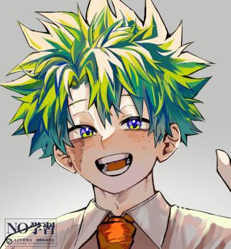 1boy arm_up boku_no_hero_academia collared_shirt commentary_request facial_scar freckles green_eyes grey_background looking_at_viewer male_focus midoriya_izuku necktie open_mouth parted_bangs portrait red_necktie scar scar_on_cheek scar_on_face shirt simple_background smile solo use_zeinuki watermark white_shirt wing_collar