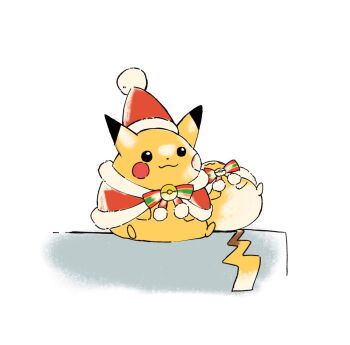 black_eyes capelet christmas closed_mouth commentary_request fat_pikachu full_body fur-trimmed_capelet fur-trimmed_headwear fur_trim gen_1_pokemon hat highres lying nintendo no_humans on_back pikachu pokemon pokemon_(creature) pokemon_focus pom_pom_(clothes) red_capelet red_hat santa_hat sitting tail white_background yellow_fur zuxu_zz