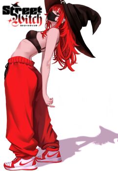black_bra black_mask bra breasts ear_piercing earrings english_text hat highres hoop_earrings jewelry leaning_back mask medium_breasts mouth_mask multiple_earrings nike_(company) pants piercing red_hair red_pants shadow shoes sneakers staring sweatpants underwear val_(yan_kodiac) white_background witch_hat yan_kodiac