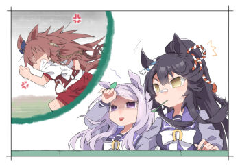 Rule 34 | 3girls, ^^^, anger vein, animal ears, beer hsk, black hair, blue ribbon, bow, breasts, brown eyes, brown hair, clenched teeth, ear ribbon, faceless, faceless female, green ribbon, gym shirt, gym shorts, gym uniform, horse ears, horse girl, horse tail, long hair, long sleeves, mask, mask pull, medium breasts, mejiro mcqueen (umamusume), mouth mask, multiple girls, narita brian (umamusume), orfevre (old design) (umamusume), original race uniform (umamusume), ponytail, puffy long sleeves, puffy short sleeves, puffy sleeves, purple eyes, purple hair, purple shirt, red shorts, ribbon, school uniform, shaded face, shirt, short sleeves, shorts, swept bangs, tail, teeth, tracen school uniform, umamusume, very long hair, white bow, white shirt