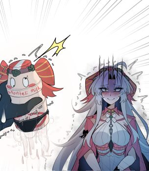 1boy 1girl ahoge bottle bow carlotta_(wuthering_waves) closed_mouth commentary corrupted_twitter_file cum cumdrip dress english_commentary gloom_(expression) grey_hair hair_bow highres holding holding_bottle jacket long_hair looking_at_another male_rover_(wuthering_waves) milk_bottle nort_muhehehe parted_bangs pink_bow pink_jacket pov pov_hands rover_(wuthering_waves) smile striped_bow sweatdrop trembling very_long_hair what white_dress wuthering_waves