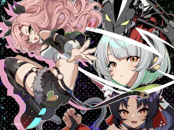 1boy 3girls anby_demara animal_ear_fluff animal_ears bare_shoulders billy_kid black_background black_boots black_hair black_ribbon black_shorts black_thighhighs boots braid braided_sidelock breasts cable cable_tail cat_ears cat_girl cat_tail cleavage clothed_robot clothing_cutout commentary commentary_request cutoffs cyborg dotted_background english_commentary from_side fur-trimmed_shorts fur_trim green_eyes headphones highres humanoid_robot jacket kurimako large_breasts long_hair looking_at_viewer mechanical_tail micro_shorts mixed-language_commentary multiple_girls multiple_tails nekomiya_mana nicole_demara open_mouth orange_eyes pink_hair red_eyes red_jacket ribbon robot robot_boy short_hair shorts shoulder_cutout single_thighhigh strapless tail thighhighs torn_clothes torn_thighhighs tube_top two_side_up two_tails white_hair white_tube_top yellow_eyes zenless_zone_zero