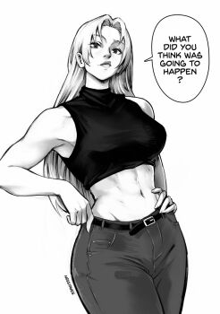 Rule 34 | 1girl, artist name, belt, breasts, commentary, cowboy shot, crop top, denim, english commentary, english text, greyscale, highres, jeans, jujutsu kaisen, large breasts, lips, midriff, miss faves, monochrome, navel, pants, smile, solo, toned, toned female, tsukumo yuki (jujutsu kaisen), turtleneck
