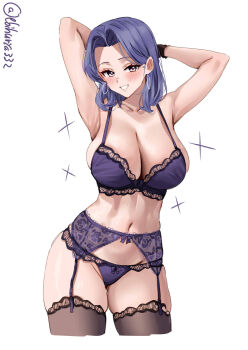 1girl armpits arms_behind_head arms_up artist_name black_gloves black_thighhighs blush bra breasts cleavage collarbone commentary_request cropped_legs curtained_hair earrings ebifurya forehead gloves highres hoop_earrings jewelry kantai_collection large_breasts looking_at_viewer medium_hair navel one-hour_drawing_challenge panties purple_bra purple_hair purple_panties sidelocks simple_background smile solo stomach tatsuta_(kancolle) thighhighs thighs twitter_username underwear underwear_only white_background