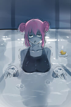 1girl absurdres blue_eyes blue_one-piece_swimsuit bocchi_the_rock! breasts chainsaw_man commentary double_bun drooling gotoh_hitori hair_bun highres huge_breasts korean_commentary mdok000033 one-piece_swimsuit partially_submerged pink_hair pool rubber_duck scene_reference sidelocks solo swimsuit