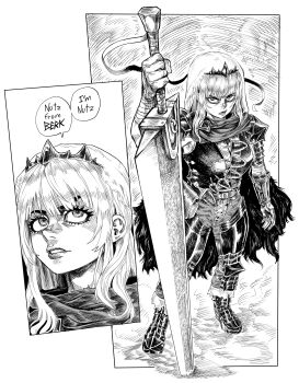 1girl absurdres armored_boots bandaged_arm bandages berserk black_tiara boots cape cosplay dragonslayer_(sword) eyelashes guts_(berserk) guts_(berserk)_(cosplay) highres holding holding_sword holding_weapon hololive hololive_english huge_weapon long_hair mechanical_arms miura_kentarou_(style) monochrome mori_calliope planted planted_sword planted_weapon single_mechanical_arm sword tiara torn_cape torn_clothes unholy_owo veil virtual_youtuber weapon