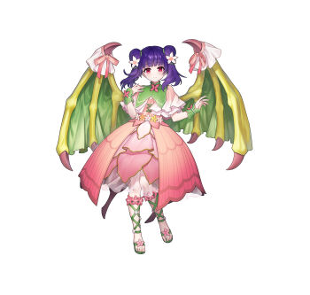 1girl absurdres closed_mouth commentary dragon_girl dragon_wings dress english_commentary fire_emblem fire_emblem:_the_sacred_stones fire_emblem_heroes flower full_body hair_flower hair_ornament highres looking_at_viewer myrrh_(fire_emblem) myrrh_(resplendent)_(fire_emblem) nintendo official_alternate_costume official_art pink_dress purple_hair red_eyes sacanahen sandals second-party_source simple_background solo white_background wings