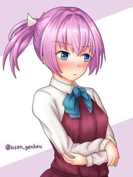 1girl averting_eyes blue_bow blue_bowtie blush bow bowtie cosplay crossed_bangs dress embarrassed female_focus hair_intakes hair_ribbon highres kantai_collection long_sleeves looking_away nose_blush parted_lips pink_hair pleated_dress ponytail red_dress ribbon shiranui_(kancolle) sleeveless sleeveless_dress solo twitter_username upper_body white_ribbon wing_collar yuugumo_(kancolle) yuugumo_(kancolle)_(cosplay) yuusen_(aenka)