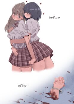 2girls before_and_after black_hair blood blush bow bowtie breast_pocket censored closed_eyes commentary_request cropped_legs cuffs grey_hair guro handcuffs heart highres holding_hands hug hug_from_behind huyunokure interlocked_fingers long_hair medium_hair mosaic_censoring multiple_girls original pleated_skirt pocket severed_hand shirt shirt_tucked_in simple_background skirt white_background white_shirt yuri