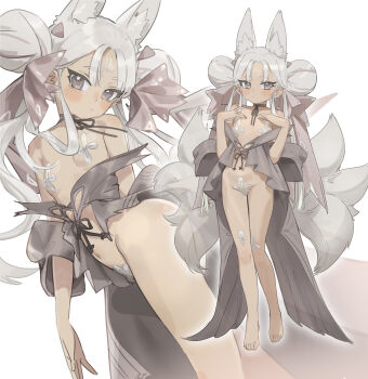 1girl absurdres animal_ear_fluff animal_ears bare_shoulders barefoot blush choker dark-skinned_female dark_skin double_bun expressionless facial_mark flat_chest forehead_mark fox_ears fox_girl fox_tail full_body grey_eyes grey_hair hair_bun highres long_hair looking_at_viewer multiple_tails multiple_views navel nemo_(leafnight) original revealing_clothes ribbon_choker short_eyebrows simple_background tail toes very_long_hair white_background