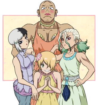 4boys alternate_breast_size_(larger) arm_up artist_name asagiri_gen bald black_eyes black_hair blonde_hair blue_skirt border bread breast_padding breast_suppress breasts commentary_request cowboy_shot cracked_skin cross_scar crossdressing crossdressing_(mtf) curtained_hair dr._stone dress earrings eyelashes flower flower_collar flower_earrings food furrowed_brow ginro_(dr._stone) green_dress green_eyes green_hair grey_sash hair_flower hair_ornament hair_over_one_eye hand_on_own_chest hand_on_own_face hand_on_own_hip heart heart_background highres inward_v ishigami_senkuu jewelry lipstick looking_at_viewer looking_down low_ponytail makeup male_focus male_with_breasts medium_breasts medium_hair melon_bread mochihagane multicolored_hair multiple_boys muscular muscular_male necklace official_alternate_costume one_eye_covered orange_dress outside_border own_hands_clasped own_hands_together parted_lips pearl_necklace pink_flower pink_lips pink_sash pink_trim ponytail purple_shirt red_eyes red_lips rouge_(makeup) sash scar scar_on_head shirt short_hair short_ponytail signature single_sidelock skirt small_pupils smile soyuz_(dr._stone) standing sticker stitched_clothes straight-on symmetrical_pose translated trap turtleneck turtleneck_shirt two-tone_hair v white_border white_hair yellow_background yellow_dress