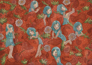 Rule 34 | 6+girls, absurdres, bare legs, bare shoulders, barefoot, blue dress, blue hair, cherry, clone, dress, flower, food, food focus, fruit, full body, highres, medium hair, multiple girls, off shoulder, on food, original, red theme, sitting on food, sleeveless, standing on food, strawberry, suo 728, surreal, swept bangs, too much food, white flower