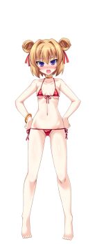 Rule 34 | 1girl, aoi masami, barefoot, bikini, blonde hair, blush, bracelet, breasts, covered erect nipples, double bun, fang, front-tie bikini top, front-tie top, full body, game cg, gluteal fold, hair bun, hair intakes, hair ribbon, hands on own hips, highres, jewelry, large variant set, looking at viewer, micro bikini, navel, nina wang rockford, non-web source, official art, open mouth, purple eyes, red bikini, ribbon, self-datamine, short hair, side-tie bikini bottom, small breasts, solo, standing, swimsuit, tachi-e, transparent background, ts magical girl nao, variant set