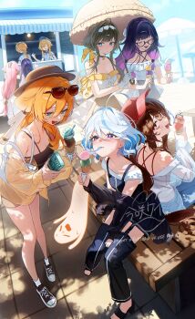 1boy 6+girls absurdres aether_(genshin_impact) alternate_costume antlers black_camisole black_dress black_jacket black_pants blonde_hair blue_eyes breasts brown_hair brown_hat brown_jacket camisole columbina_(genshin_impact) deer_antlers detached_pants dress eyelash_ornament eyewear_on_head food furina_(genshin_impact) genshin_impact glasses green_eyes grey_hair hair_between_eyes handheld_electric_fan hat highres horns hu_tao_(genshin_impact) ice_cream imasaki_kei jacket long_hair lumine_(genshin_impact) medium_breasts multiple_girls off-shoulder_shirt off_shoulder on_bench orange_hair pants pink_hair purple_hair raiden_shogun red_camisole red_eyes red_hat sandrone_(genshin_impact) see-through_clothes see-through_shirt shirt shoes sitting sneakers utensil_in_mouth white_shirt yae_miko yanfei_(genshin_impact)