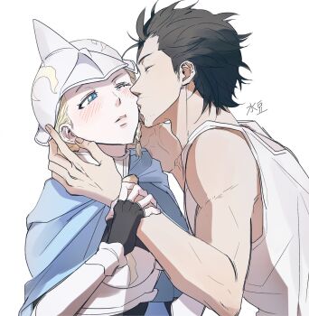 1boy 1girl armor artist_request black_clover black_hair blonde_hair blue_eyes blush charlotte_roselei closed_eyes coup helmet hetero highres kiss kissing_cheek watermark white_background yami_sukehiro